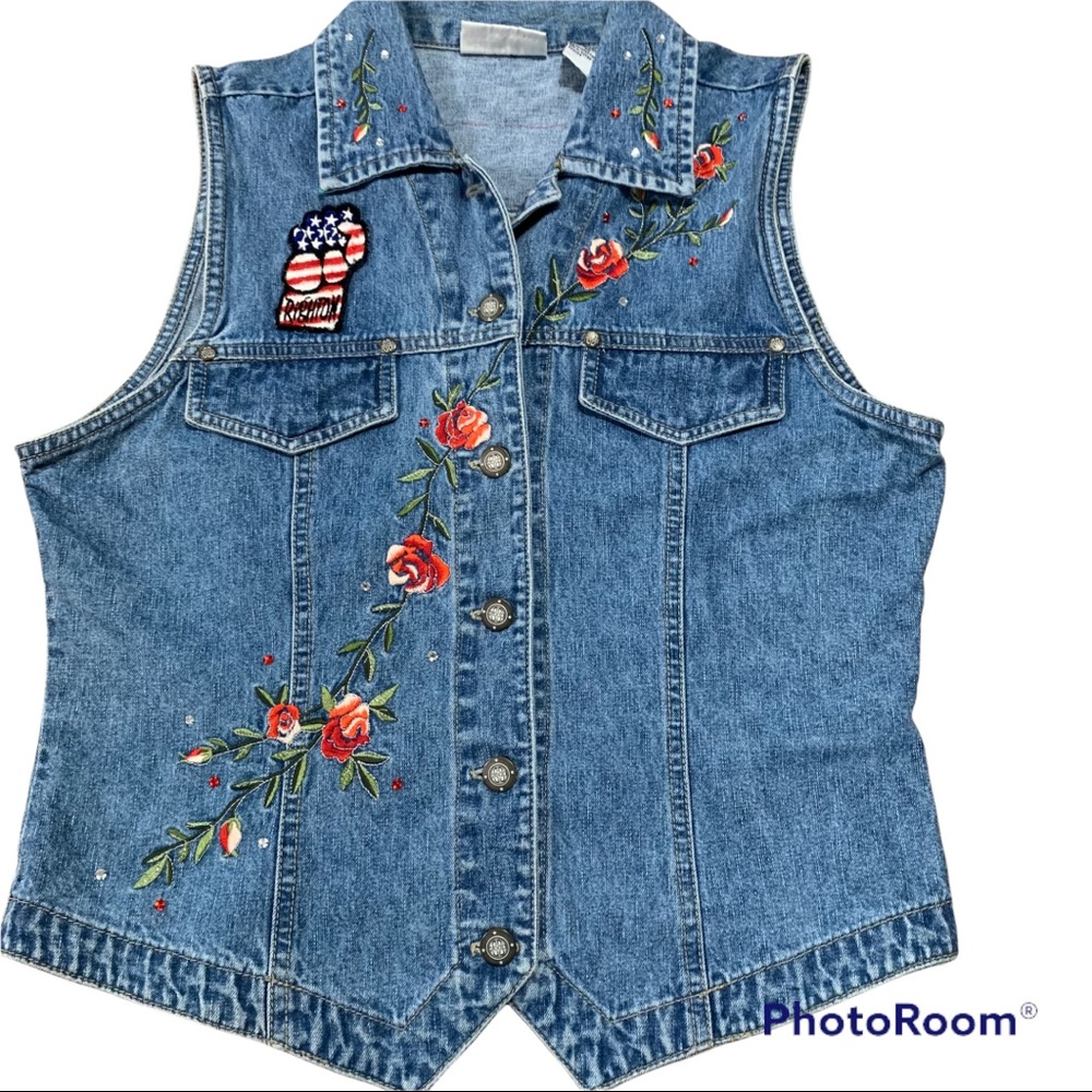 Vintage denim vest Bill Blass, flower embroideries. Size medium